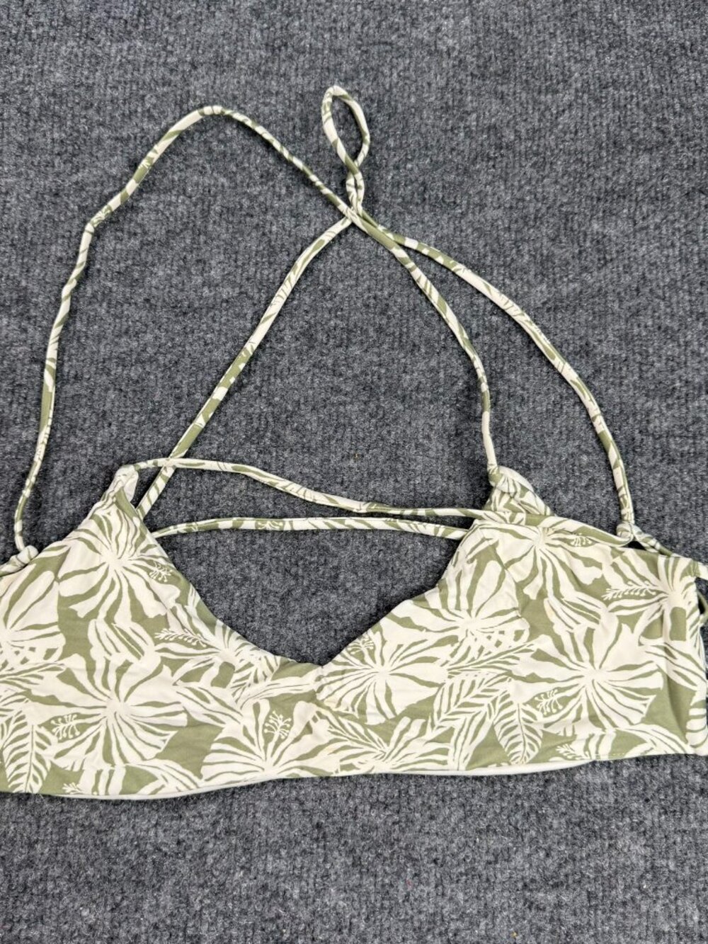 Women O'Neill Green White Tropical Hibiscus Floral Halter Bikini Top L/XL Stain